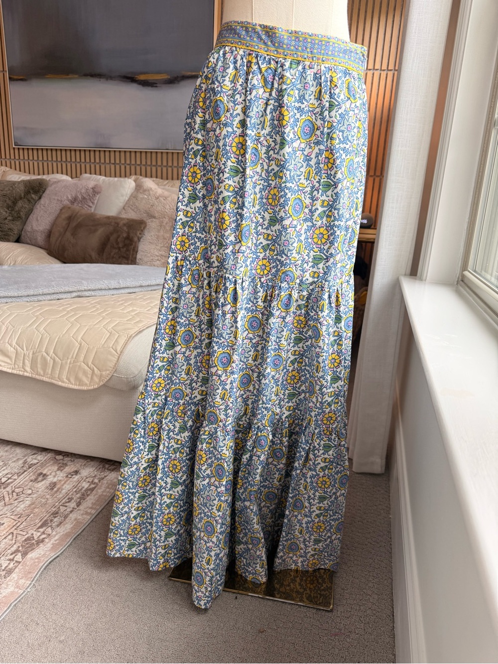 Boden Lorna Floral Tiered Maxi Skirt in Blue and Yellow